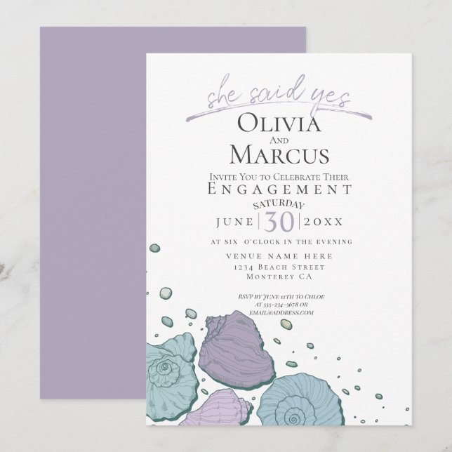 She Said Yes Seashell Engagement Lilac Dusty Blue Invitation (Front/Back)
