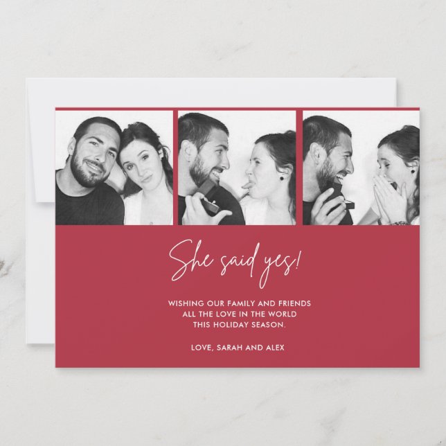 She Said Yes Simple Christmas Photo Engagement Holiday Card (Front)