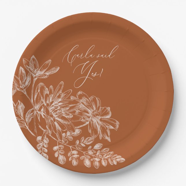 She Said Yes Terra Cotta Monogram Floral Paper Plate (Front)