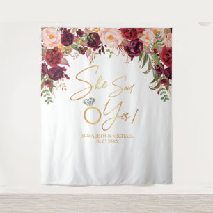 She said yesFloral Burgundy Bridal Shower Backdrop Tapestry