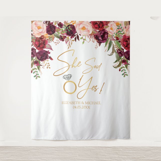 She said yesFloral Burgundy Bridal Shower Backdrop Tapestry (Front)