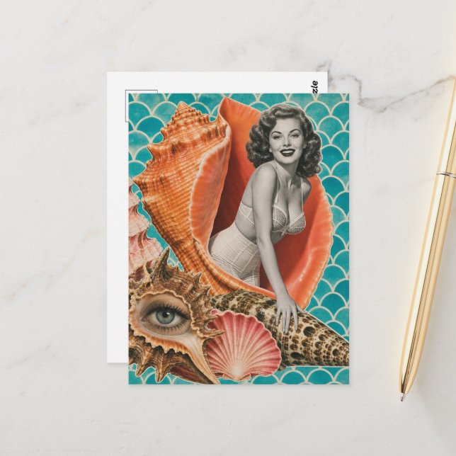 She Sells the Seashells Retro Collage Postcard (Front/Back In Situ)