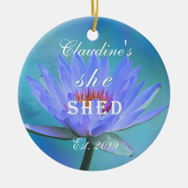 She Shed Shades of Blue Water Lily Christmas Ceramic Tree Decoration (Front)