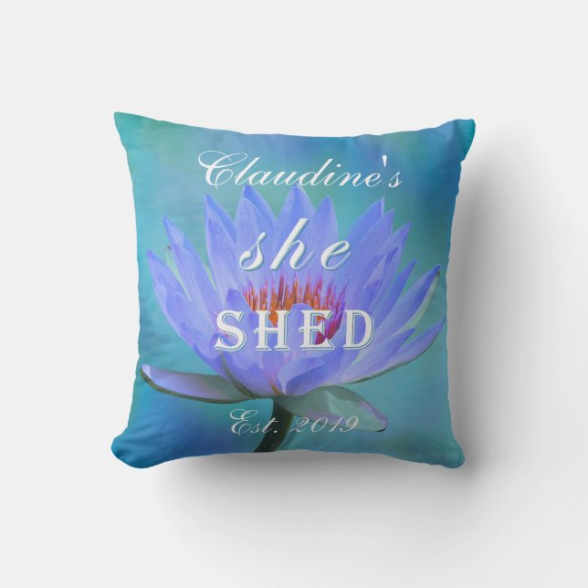 She Shed Shades of Blue Water Lily Square Cushion (Front)