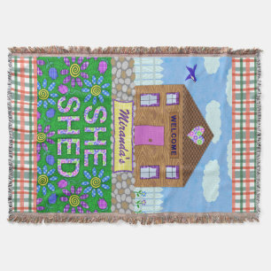 She Shed Woman Cave Garden Hut Plaid Personalised Throw Blanket