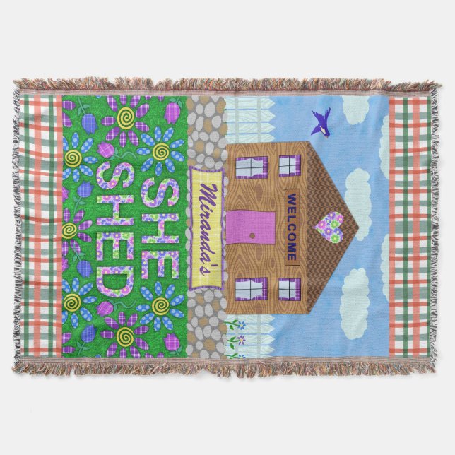 She Shed Woman Cave Garden Hut Plaid Personalised Throw Blanket (Front)