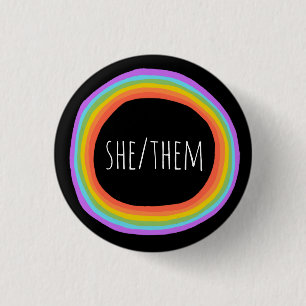 SHE/THEM Pronouns Colourful Rainbow Circle Black 3 Cm Round Badge