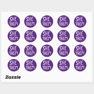 SHE / THEM Pronouns Purple Handlettering Set of Classic Round Sticker