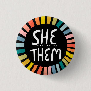 SHE / THEM Pronouns Rainbow Handlettered Pride 3 Cm Round Badge