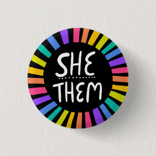 SHE / THEM Pronouns Rainbow Handlettered Pride 3 Cm Round Badge