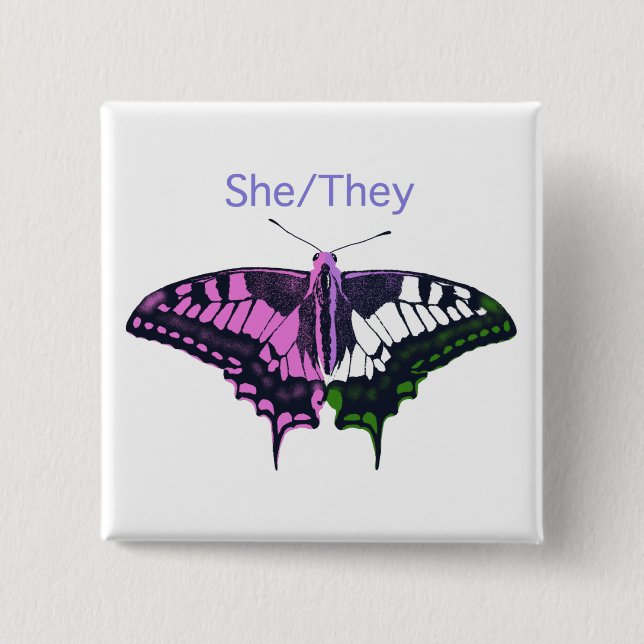 She/They Non-Binary Flag Swallowtail Butterfly 15 Cm Square Badge (Front)