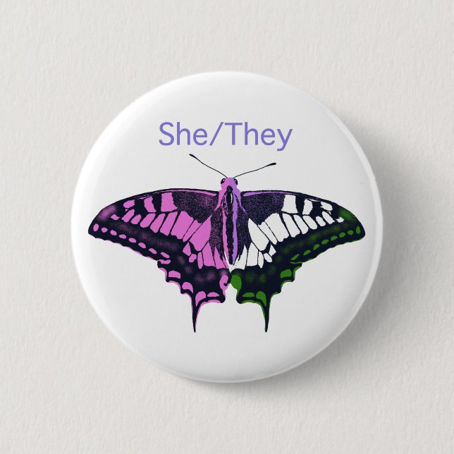 She/They Non-Binary Flag Swallowtail Butterfly 6 Cm Round Badge (Front)