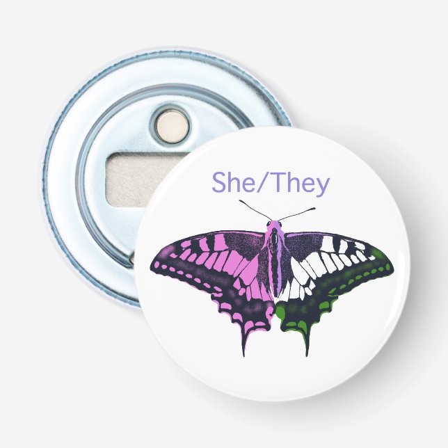 She/They Non-Binary Flag Swallowtail Butterfly Bottle Opener (Front)