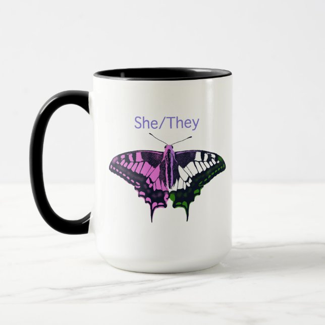 She/They Non-Binary Flag Swallowtail Butterfly Mug (Left)