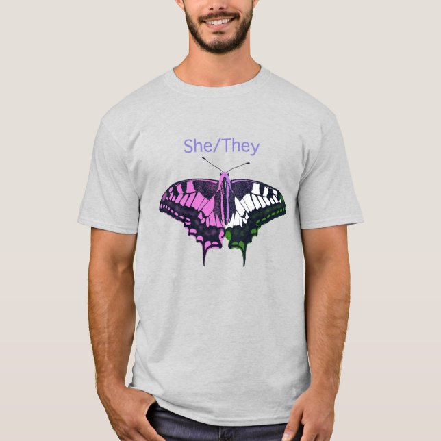 She/They Non-Binary Flag Swallowtail Butterfly T-Shirt (Front)