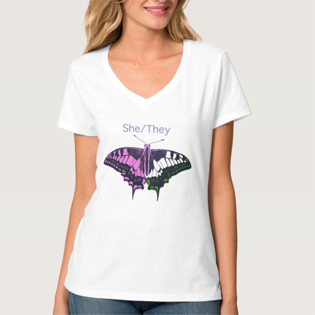 She/They Non-Binary Flag Swallowtail Butterfly T-Shirt (Front)