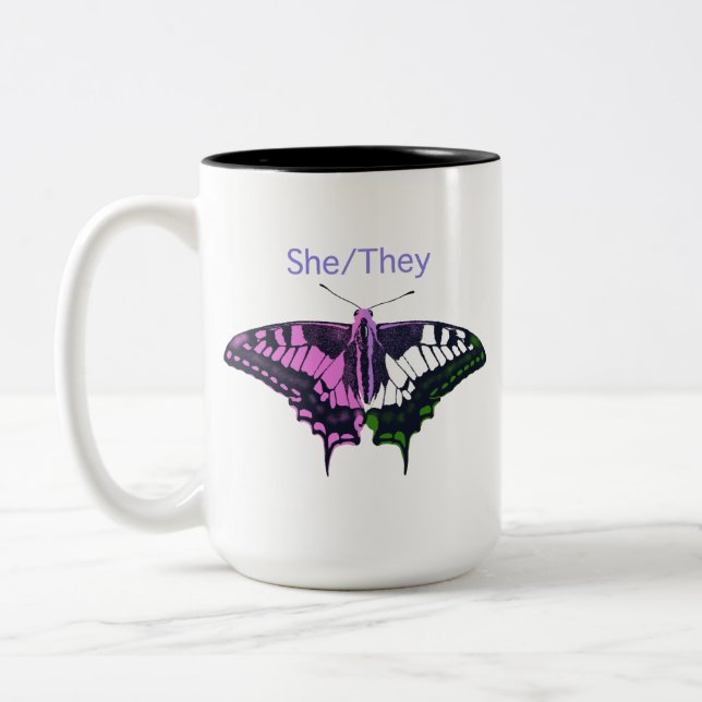 She/They Non-Binary Flag Swallowtail Butterfly Two-Tone Coffee Mug (Left)