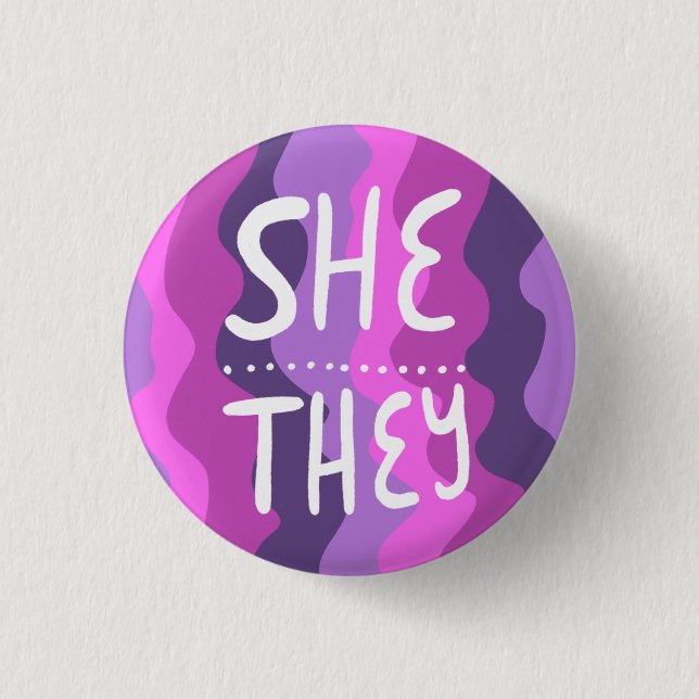 SHE/THEY Pronouns Colourful Handlettered Purple 3 Cm Round Badge (Front)