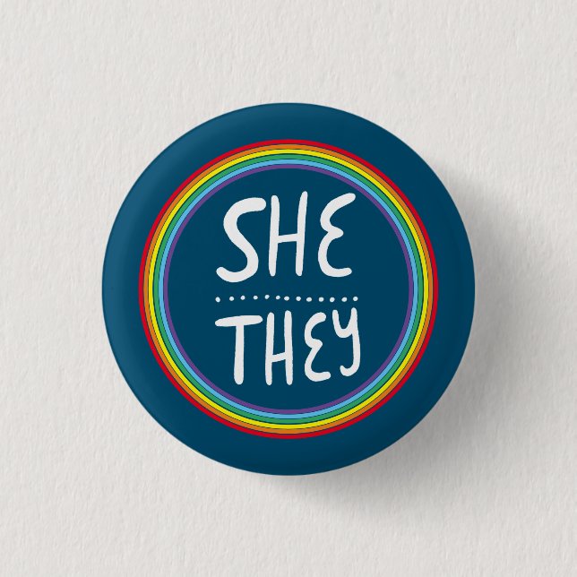 SHE/THEY Pronouns Rainbow Handlettered Minimal 3 Cm Round Badge (Front)