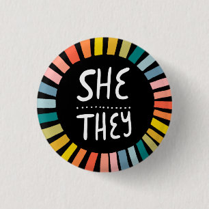 SHE / THEY Pronouns Rainbow Handlettered Pride 3 Cm Round Badge