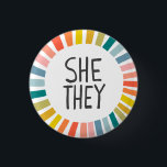 SHE / THEY Pronouns Rainbow Handlettered Pride   3 Cm Round Badge<br><div class="desc">Decorate your outfit with this cool art button. Makes a great  gift! You can customise it,  change the background colours and add text too. Check my shop for lots more colours and patterns! Let me know if you'd like something custom too.</div>
