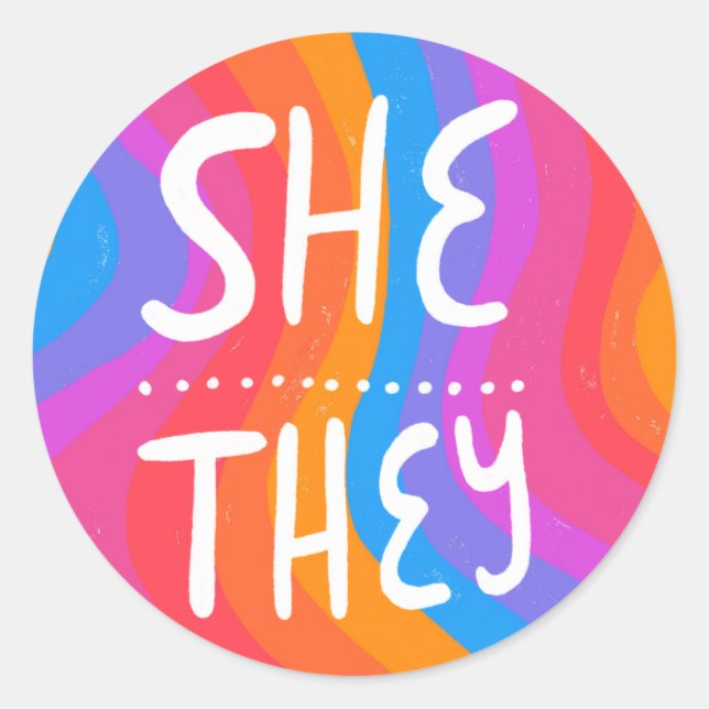 SHE/THEY Pronouns Rainbow Handlettering Sheet of Classic Round Sticker (Front)