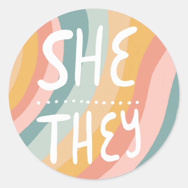 SHE/THEY Pronouns Rainbow Handlettering Sheet of Classic Round Sticker (Front)