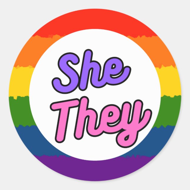 She They Pronouns Rainbow Queer Stickers (Front)