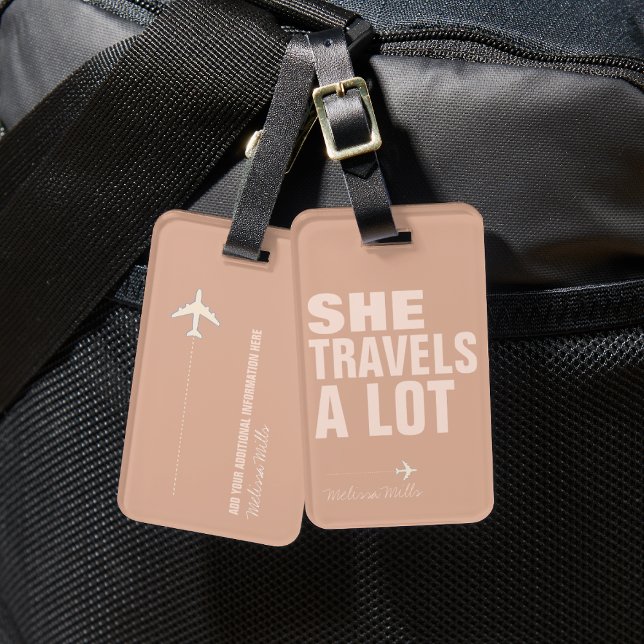 She Travels A Lot, Dusty Rose Luggage Tag (Creator Uploaded)