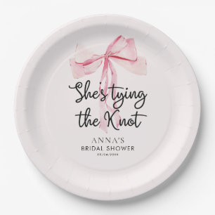 She Tying The Knot Pink Ribbon Bridal Shower Paper Plate