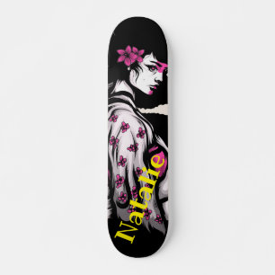 She wears a black and pink flower in her hair skat skateboard