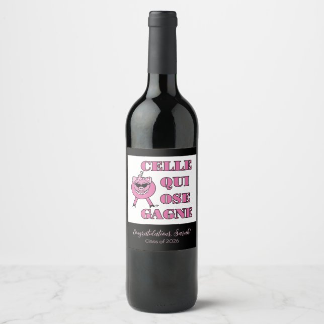 She Who Dares Wins in French Congrats Wine Label (Front)