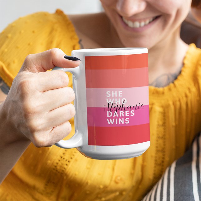 She Who Dares Wins Motivational Pink Stripes Coffee Mug (Creator Uploaded)