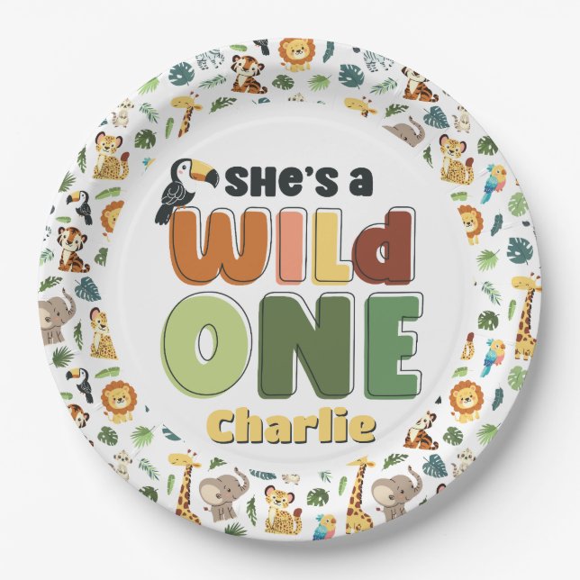 She Wild One Safari Zoo Animal Birthday Party Paper Plate (Front)