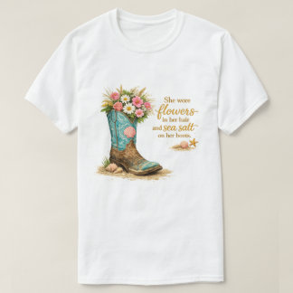 she wore flawers  – Floral Cowboy Boot Beach  T-Shirt