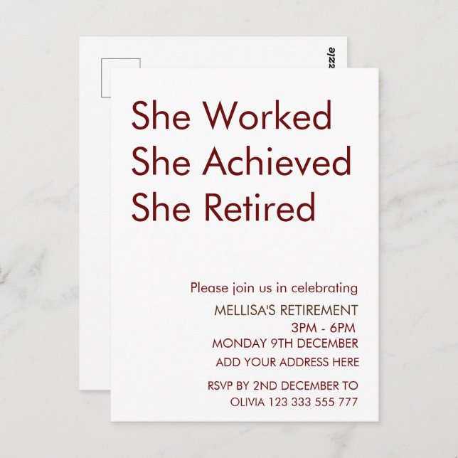 She Worked She Achieved She Retired Retirement Fun Postcard (Front/Back)