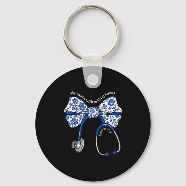 She Works With Willing Hands Proverbs 31 13 Christ Key Ring (Front)