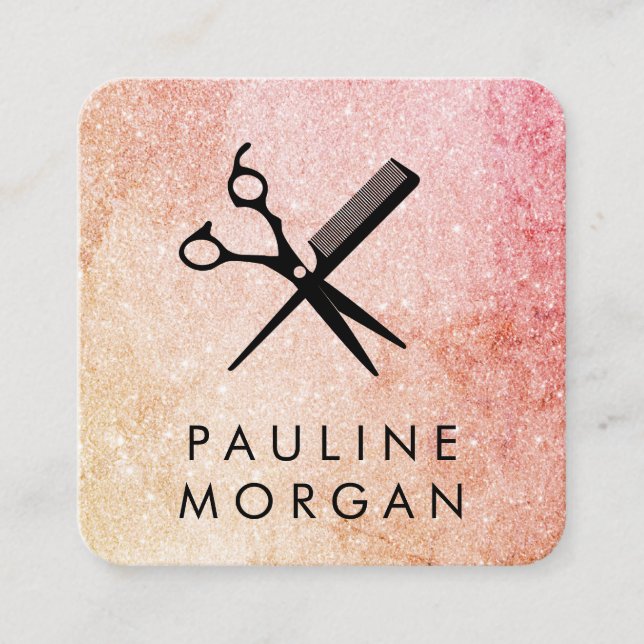Shear and Comb Elegant Glitter Square Business Card (Front)