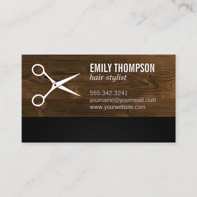 Shears | Salon | Wood Trim Black Mesh Business Card (Front)