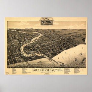 Sheboygan WI 1885 Antique Panoramic Map Poster