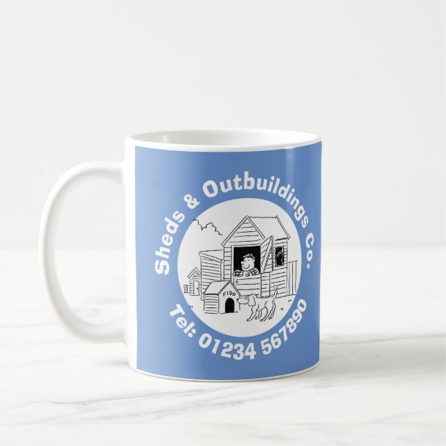 Sheds & Outbuildings Cartoon with Phone Number. Coffee Mug (Left)