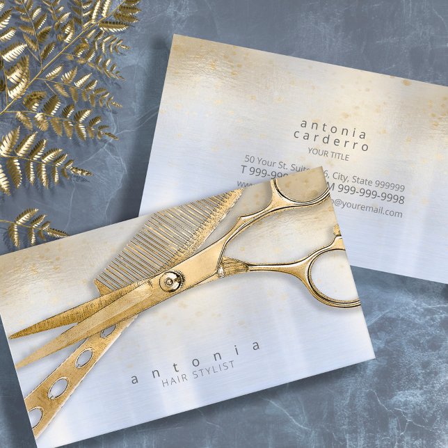 Sheen and Shears Hair Stylist Gold/Blue ID814 Business Card (Creator Uploaded)