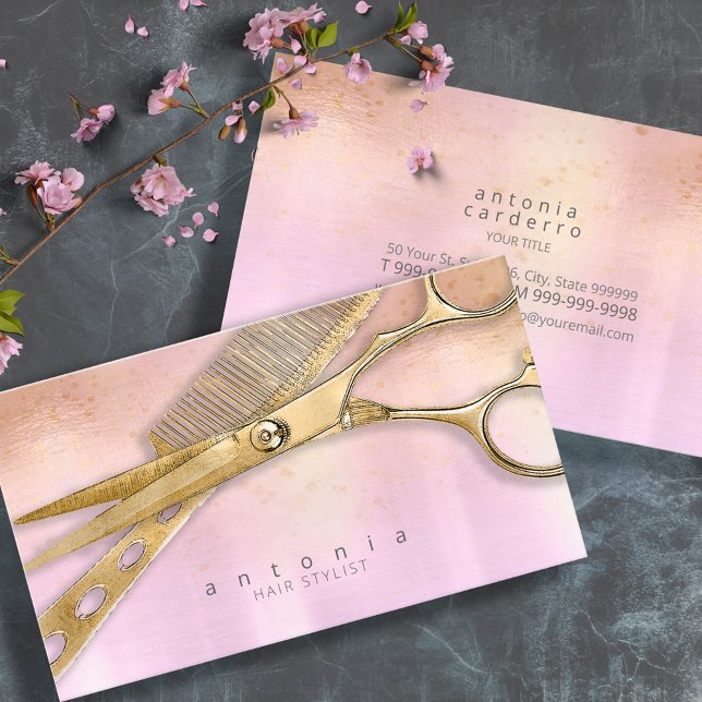 Sheen and Shears Hair Stylist Gold/Orchid ID814 Business Card (Creator Uploaded)