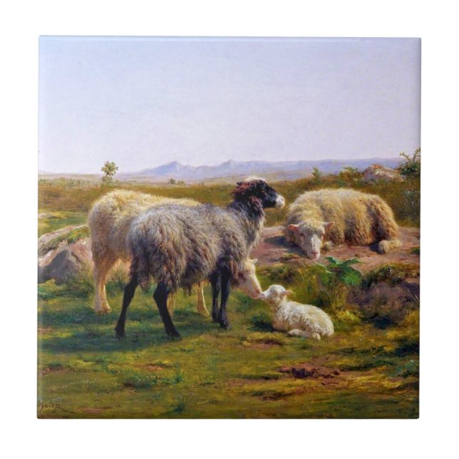 Sheep and a Lamb in Nature (by Rosa Bonheur) Tile (Front)