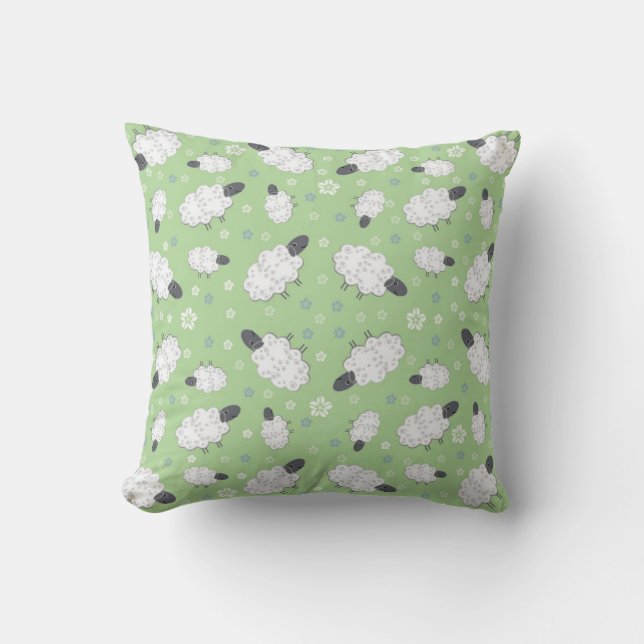 Sheep and Flowers in Green Pillow (Front)