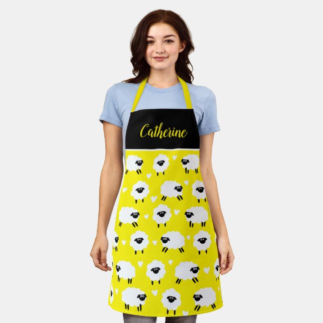 Sheep and Hearts with Name - Yellow Apron (Worn)