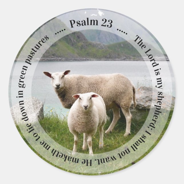 Sheep and Lamb by Lake Psalm 23 Classic Round Sticker (Front)