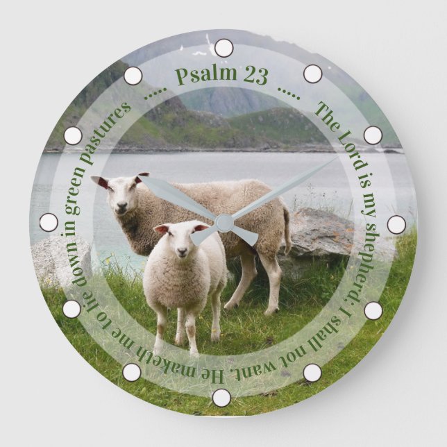 Sheep and Lamb by Lake Psalm 23 Large Clock (Front)