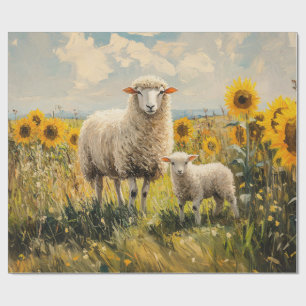 Sheep and Lamb Sunflower Field Decoupage Wrapping Paper