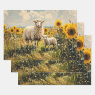 Sheep and Lamb Sunflower Field Decoupage Wrapping Paper Sheet